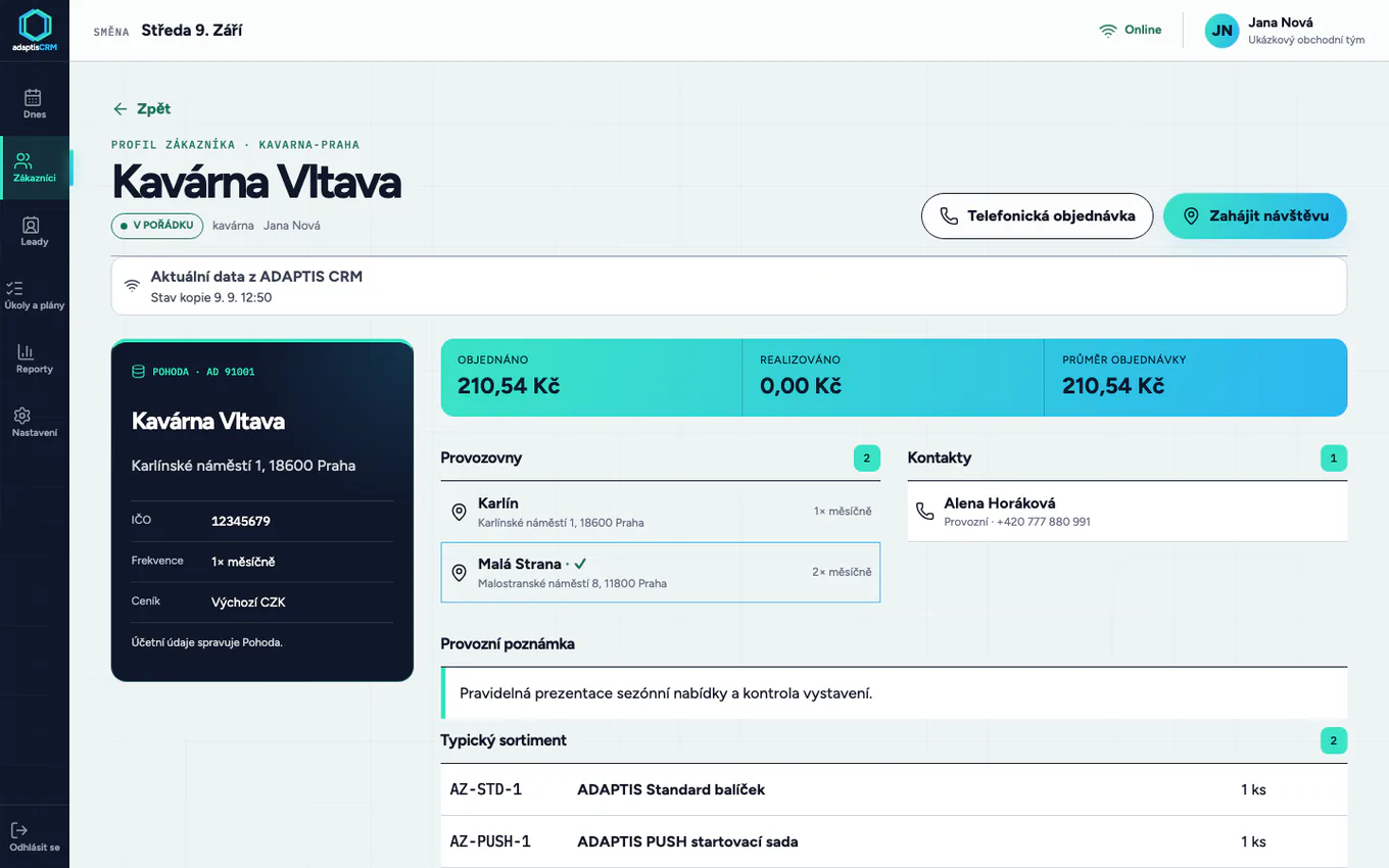 Zákaznický profil v ADAPTIS CRM s ukázkovými daty