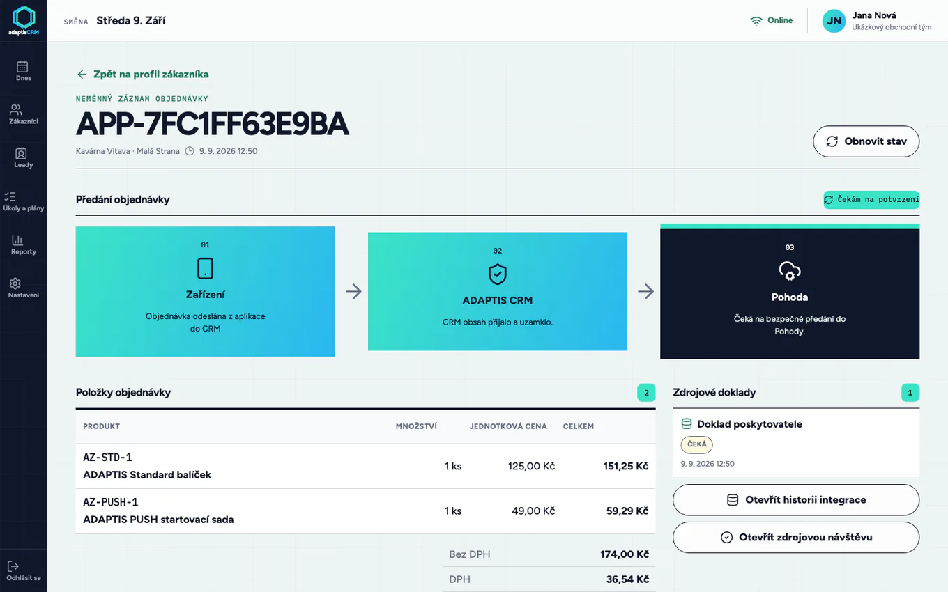 Předaná objednávka v ADAPTIS CRM s ukázkovými daty
