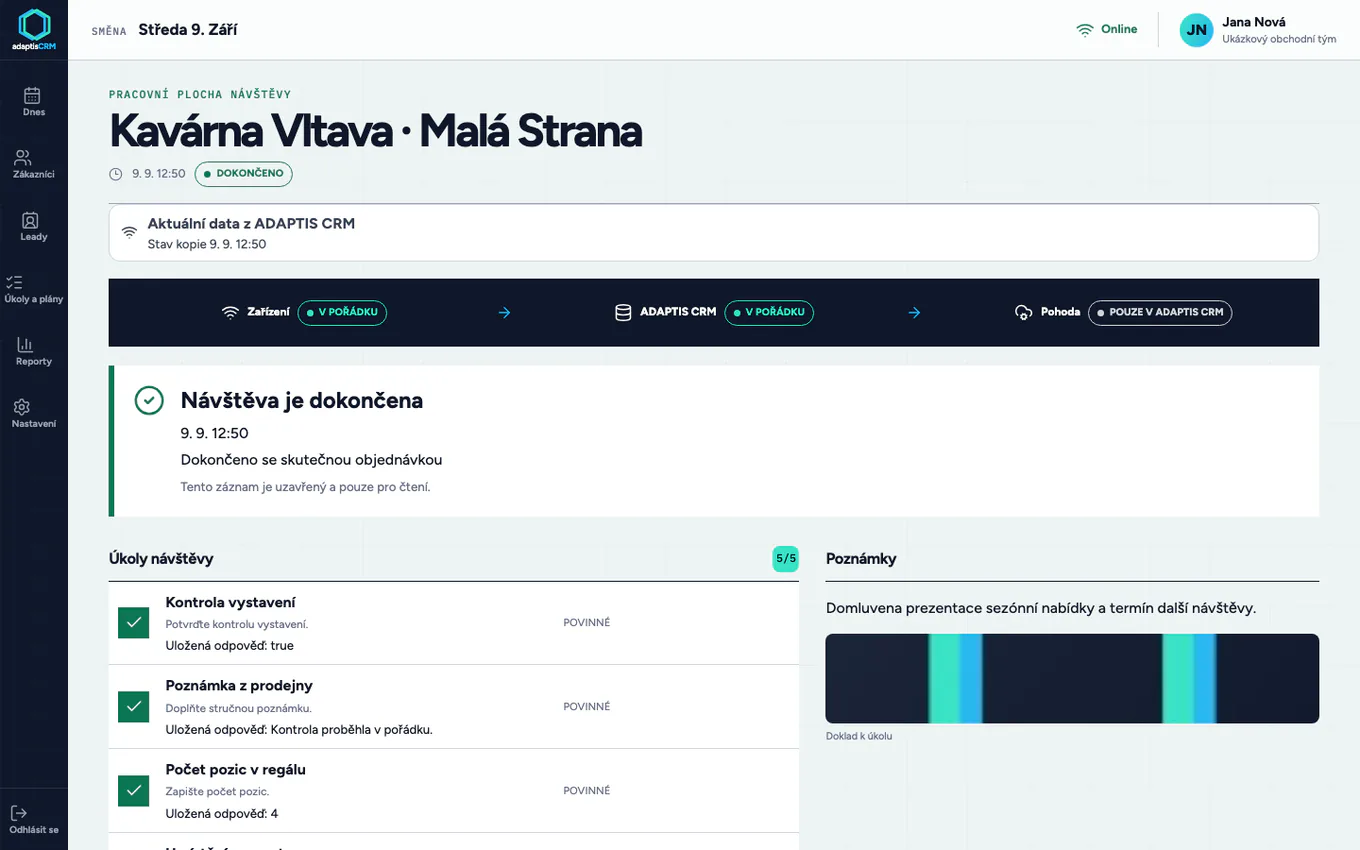Dokončená návštěva v ADAPTIS CRM s ukázkovými daty